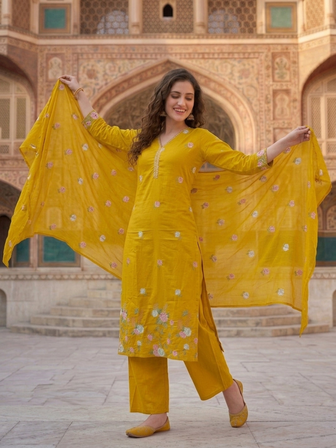 Mustard Solid Voile Straight Kurta Set with Embroidery & Embroidered Dupatta, Palazzo