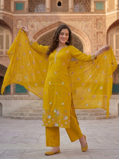 Mustard Solid Voile Straight Kurta Set with Embroidery & Embroidered Dupatta, Palazzo