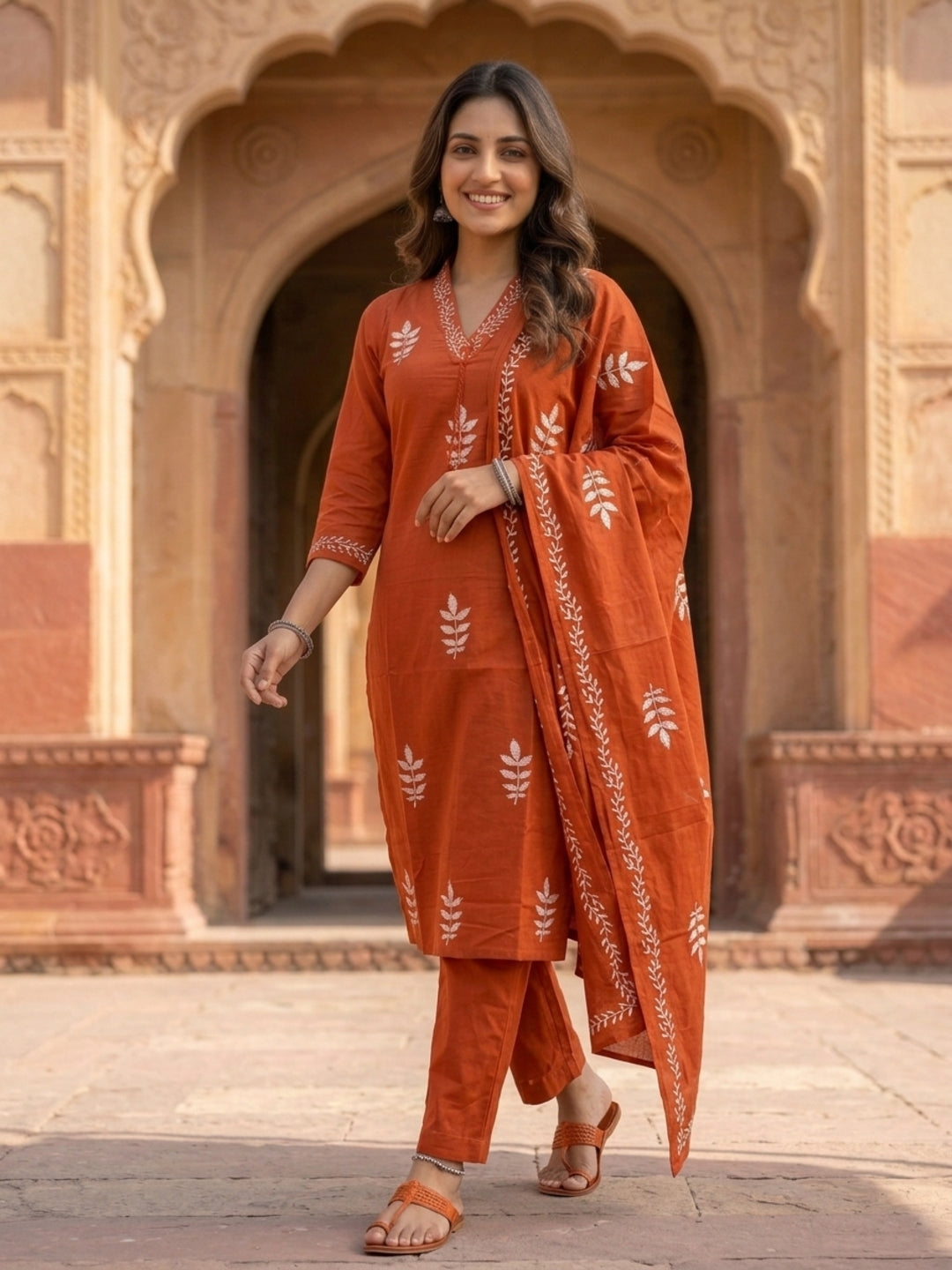 Rust Ethnic Print Cotton Straight Kurta Set with Sequins, Pyjama & Dupatta