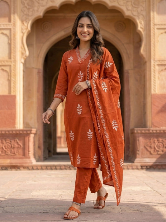 Rust Ethnic Print Cotton Straight Kurta Set with Sequins, Pyjama & Dupatta