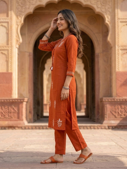 Rust Ethnic Print Cotton Straight Kurta Set with Sequins, Pyjama & Dupatta