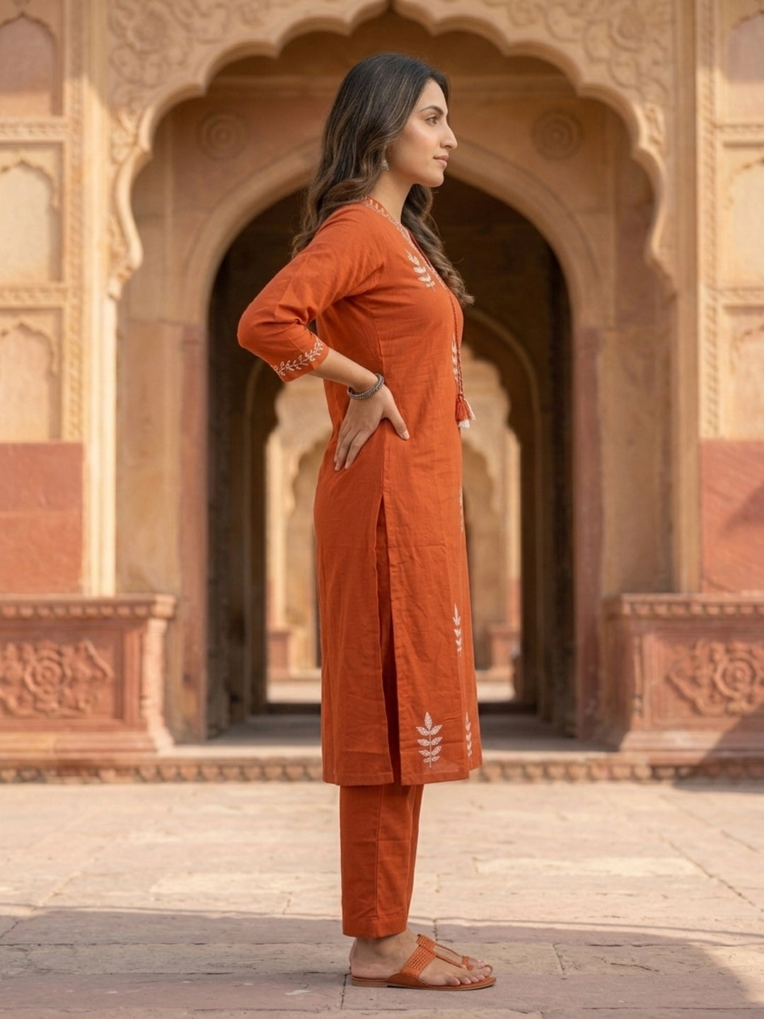 Rust Ethnic Print Cotton Straight Kurta Set with Sequins, Pyjama & Dupatta