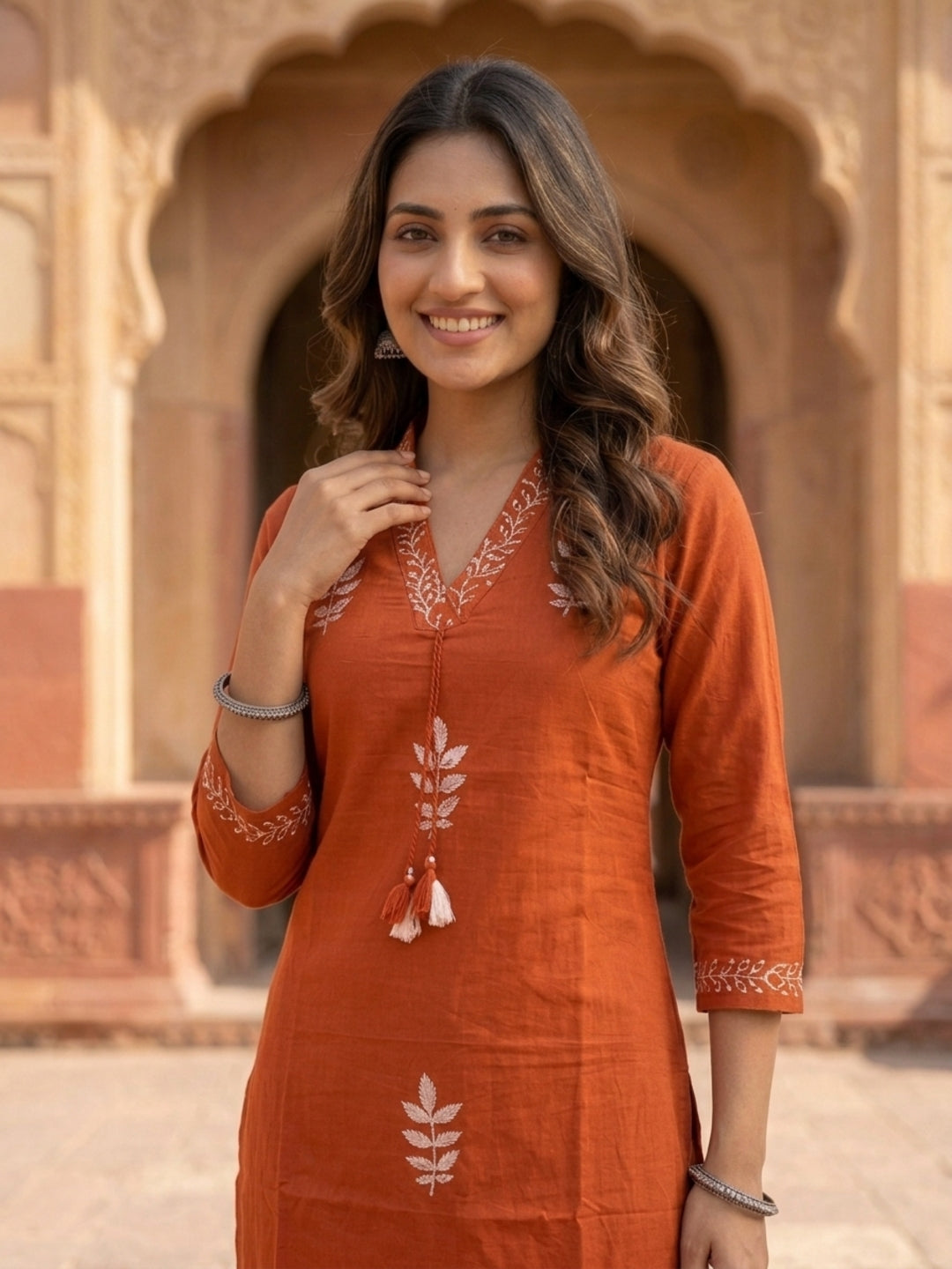 Rust Ethnic Print Cotton Straight Kurta Set with Sequins, Pyjama & Dupatta