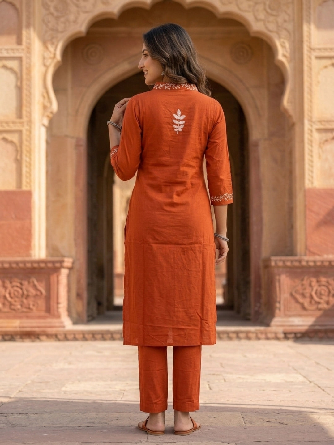 Rust Ethnic Print Cotton Straight Kurta Set with Sequins, Pyjama & Dupatta