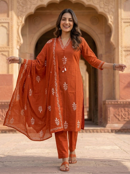 Rust Ethnic Print Cotton Straight Kurta Set with Sequins, Pyjama & Dupatta