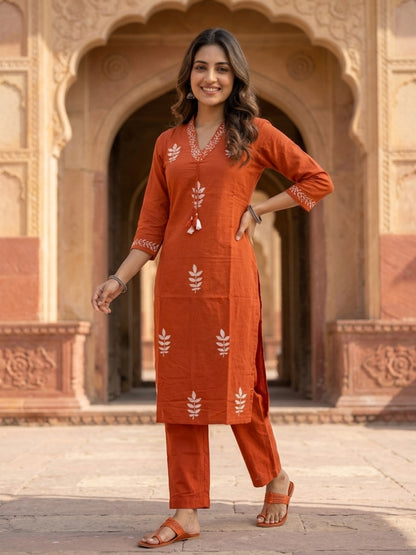 Rust Ethnic Print Cotton Straight Kurta Set with Sequins, Pyjama & Dupatta