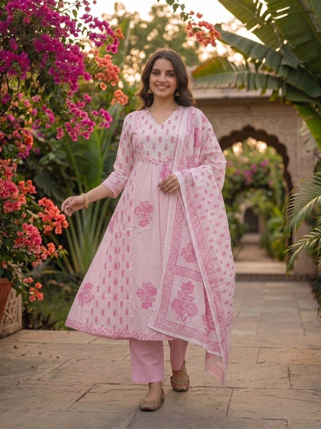 Pink Ethnic Print Anarkali Cotton 3-Piece Kurta Set