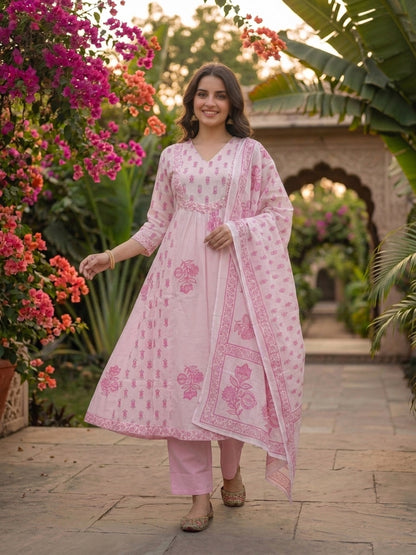 Pink Ethnic Print Anarkali Cotton 3-Piece Kurta Set