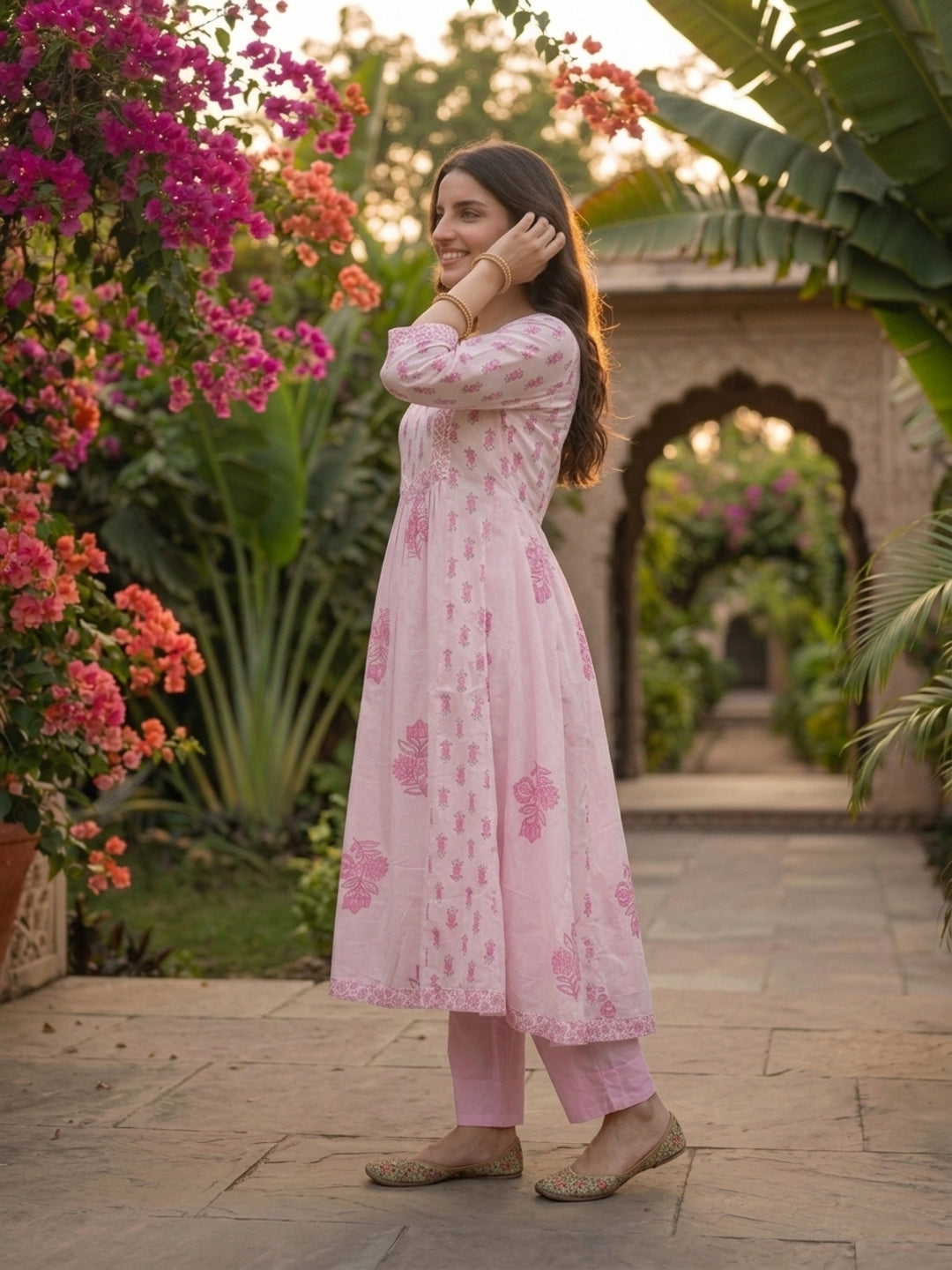 Pink Ethnic Print Anarkali Cotton 3-Piece Kurta Set