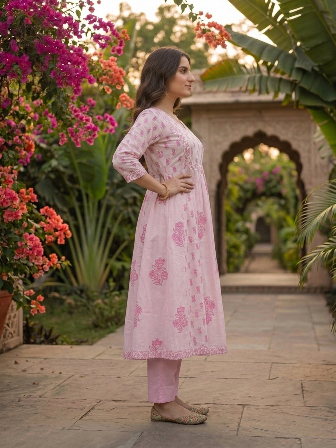 Pink Ethnic Print Anarkali Cotton 3-Piece Kurta Set