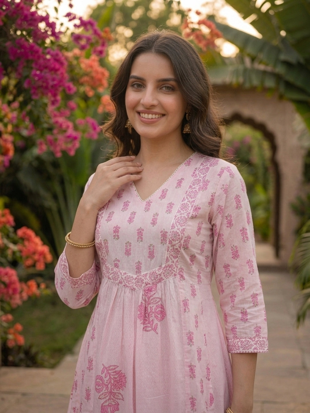 Pink Ethnic Print Anarkali Cotton 3-Piece Kurta Set