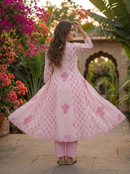 Pink Ethnic Print Anarkali Cotton 3-Piece Kurta Set