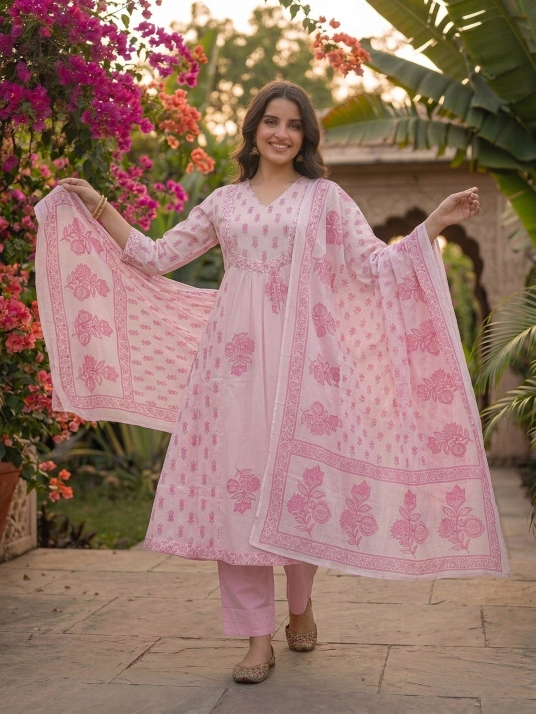 Pink Ethnic Print Anarkali Cotton 3-Piece Kurta Set
