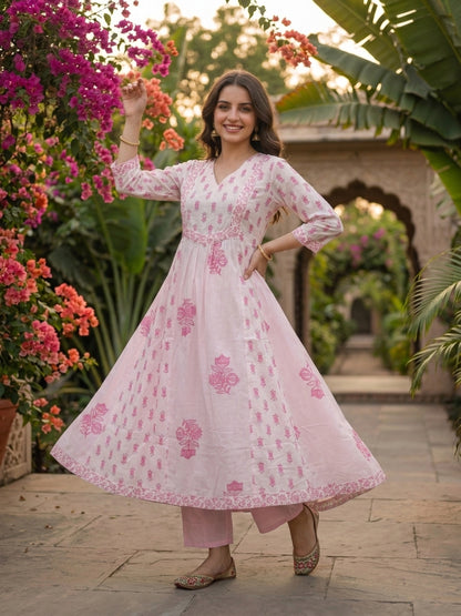 Pink Ethnic Print Anarkali Cotton 3-Piece Kurta Set