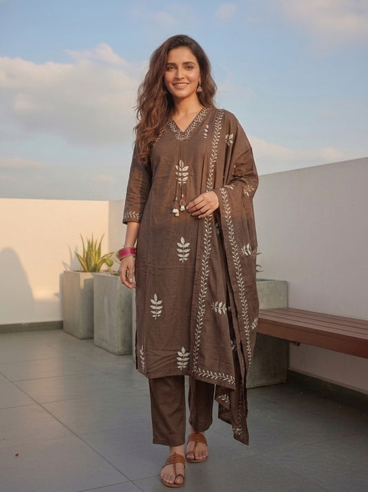 Brown Boota Print Cotton 3-Piece Kurta Set