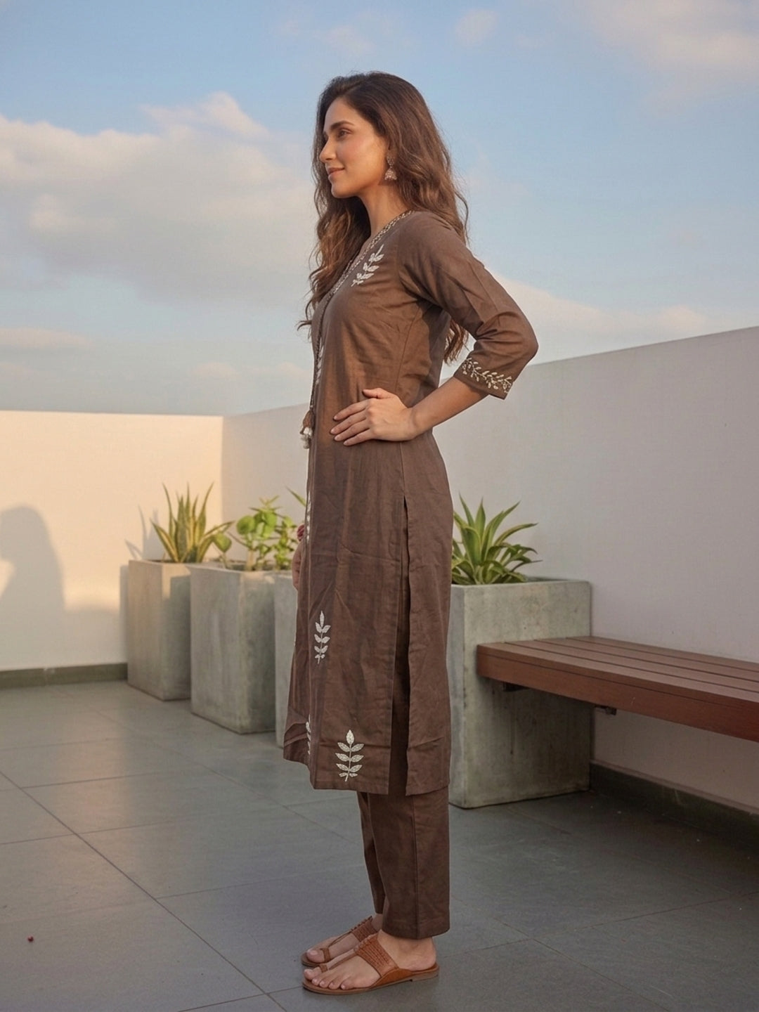 Brown Boota Print Cotton 3-Piece Kurta Set