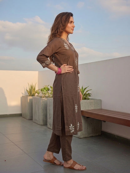 Brown Boota Print Cotton 3-Piece Kurta Set