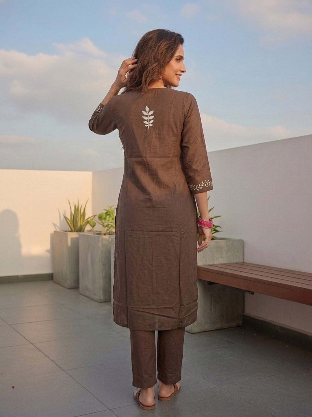 Brown Boota Print Cotton 3-Piece Kurta Set