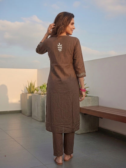 Brown Boota Print Cotton 3-Piece Kurta Set