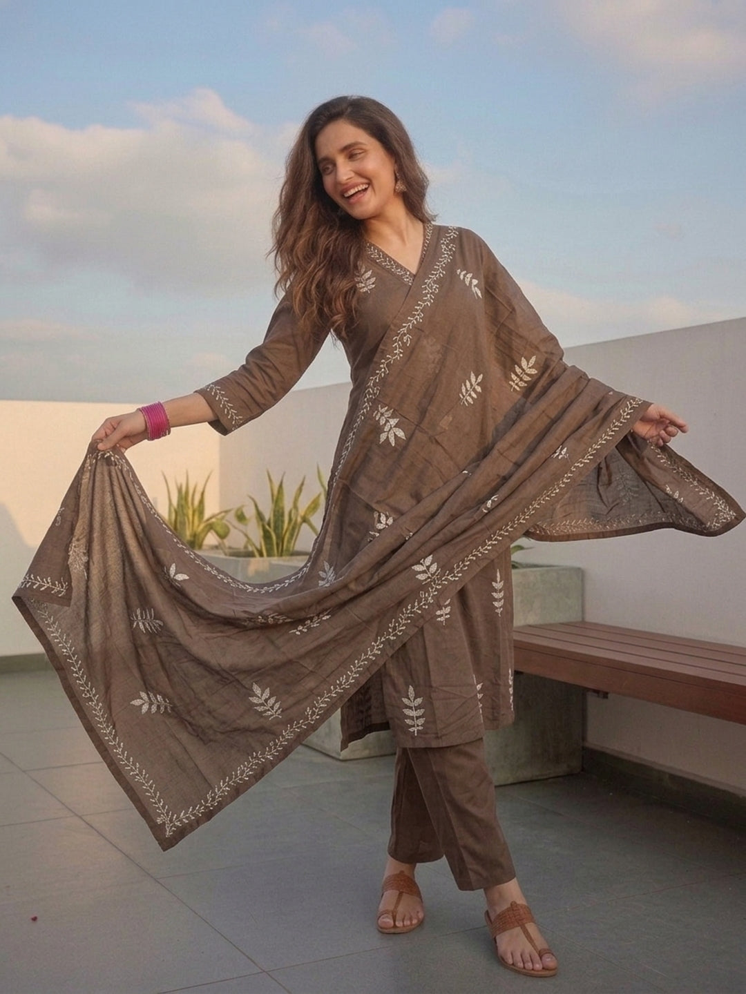 Brown Boota Print Cotton 3-Piece Kurta Set