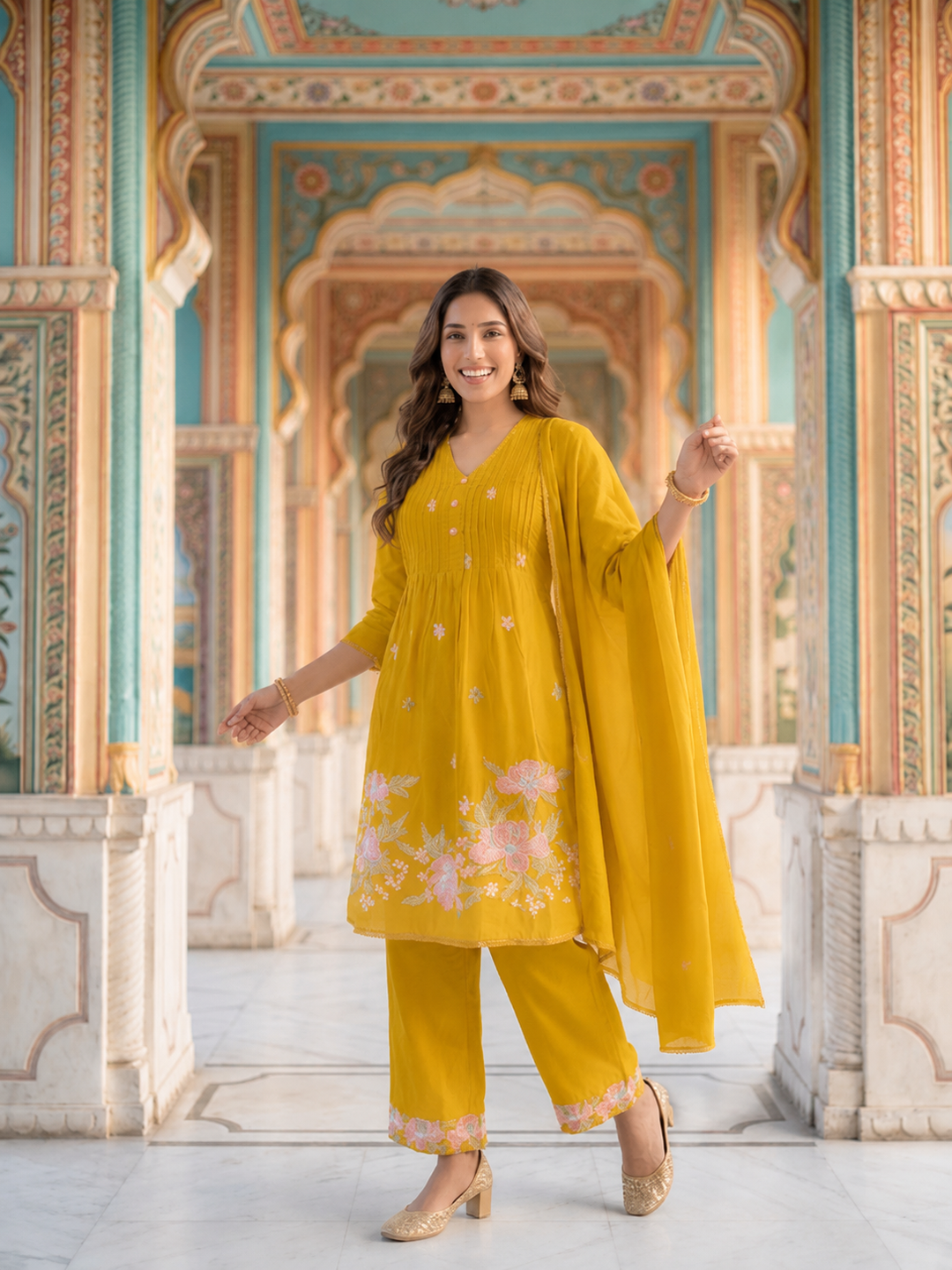 Mustard Solid Voile A-Line Kurta Set with Floral Embroidery, Palazzo & Dupatta