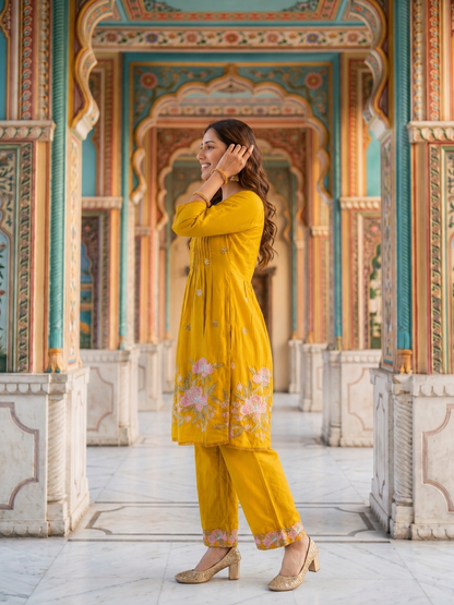 Mustard Solid Voile A-Line Kurta Set with Floral Embroidery, Palazzo & Dupatta