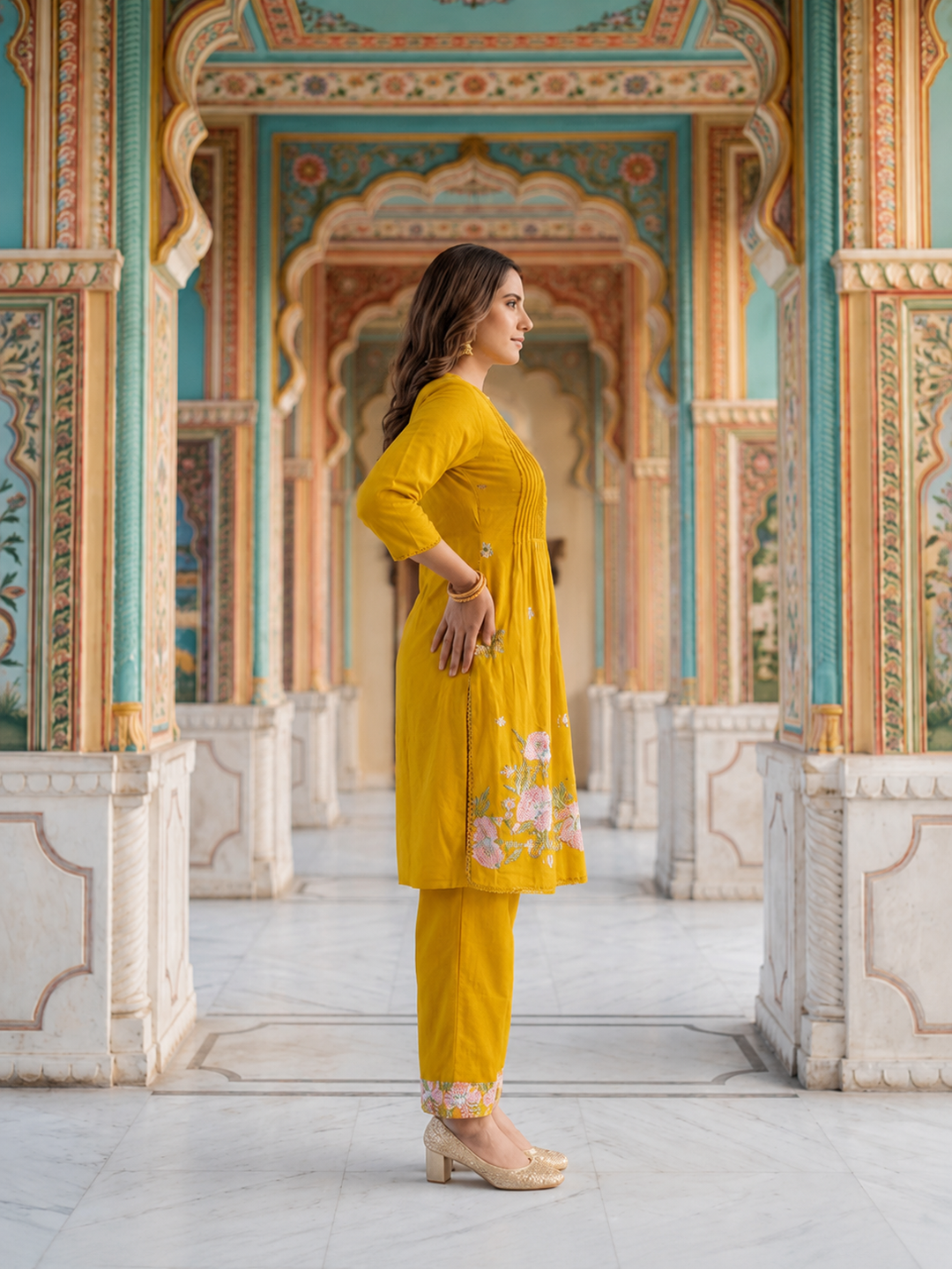 Mustard Solid Voile A-Line Kurta Set with Floral Embroidery, Palazzo & Dupatta