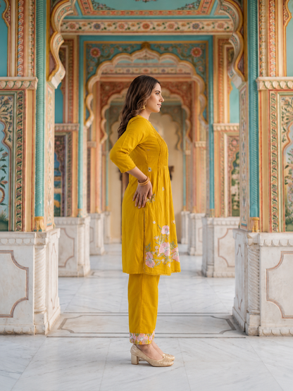 Mustard Solid Voile A-Line Kurta Set with Floral Embroidery, Palazzo & Dupatta