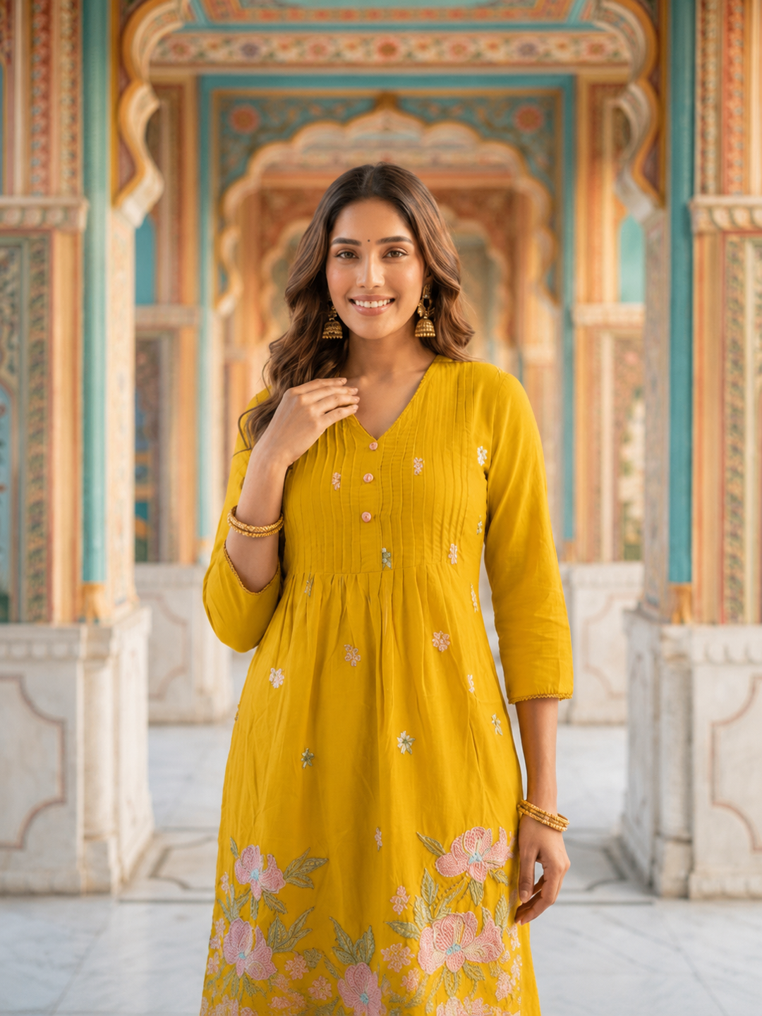 Mustard Solid Voile A-Line Kurta Set with Floral Embroidery, Palazzo & Dupatta