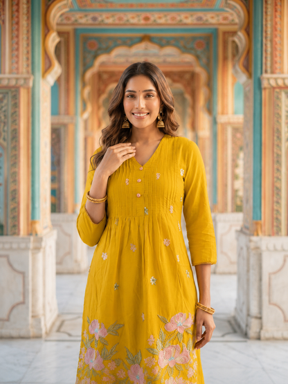 Mustard Solid Voile A-Line Kurta Set with Floral Embroidery, Palazzo & Dupatta