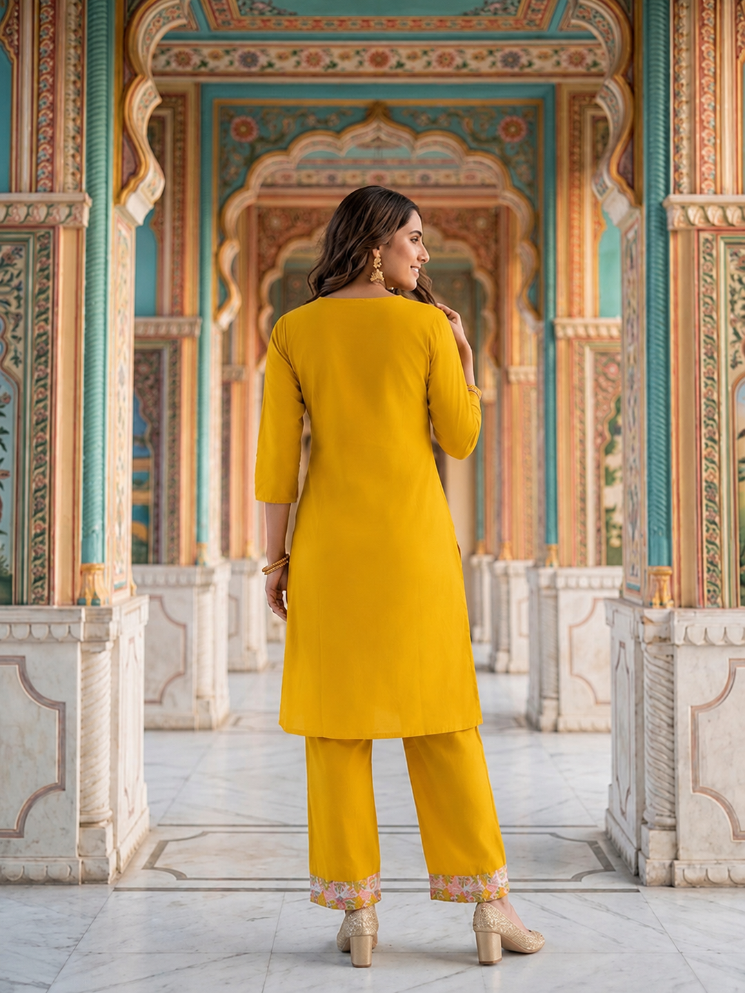 Mustard Solid Voile A-Line Kurta Set with Floral Embroidery, Palazzo & Dupatta