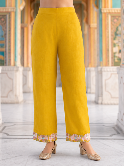 Mustard Solid Voile A-Line Kurta Set with Floral Embroidery, Palazzo & Dupatta