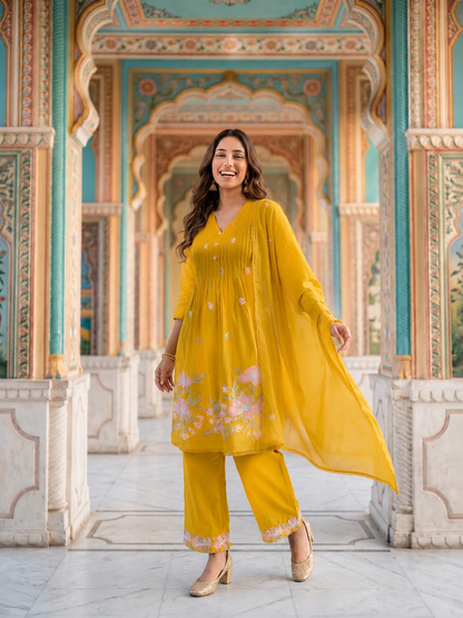 Mustard Solid Voile A-Line Kurta Set with Floral Embroidery, Palazzo & Dupatta