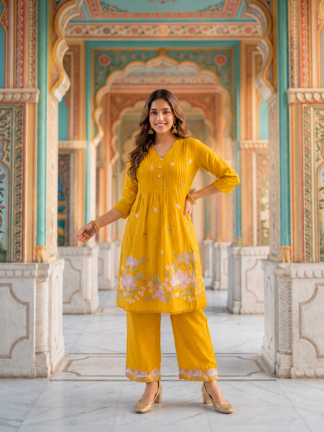 Mustard Solid Voile A-Line Kurta Set with Floral Embroidery, Palazzo & Dupatta