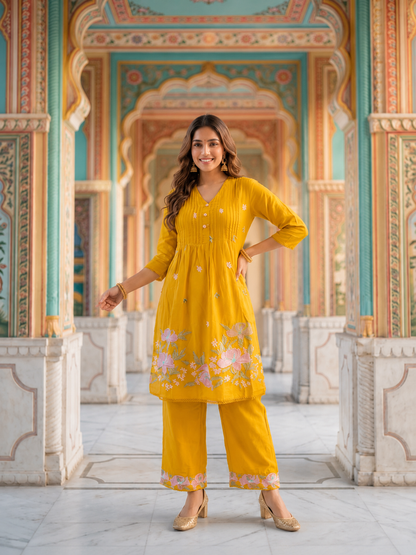 Mustard Solid Voile A-Line Kurta Set with Floral Embroidery, Palazzo & Dupatta
