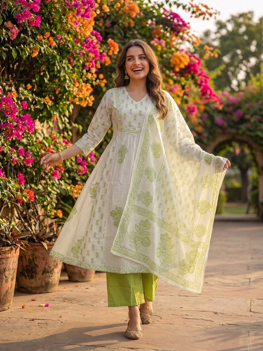 Green Ethnic Print Cotton Anarkali Kurta Set with Sequins, Palazzo & Dupatta