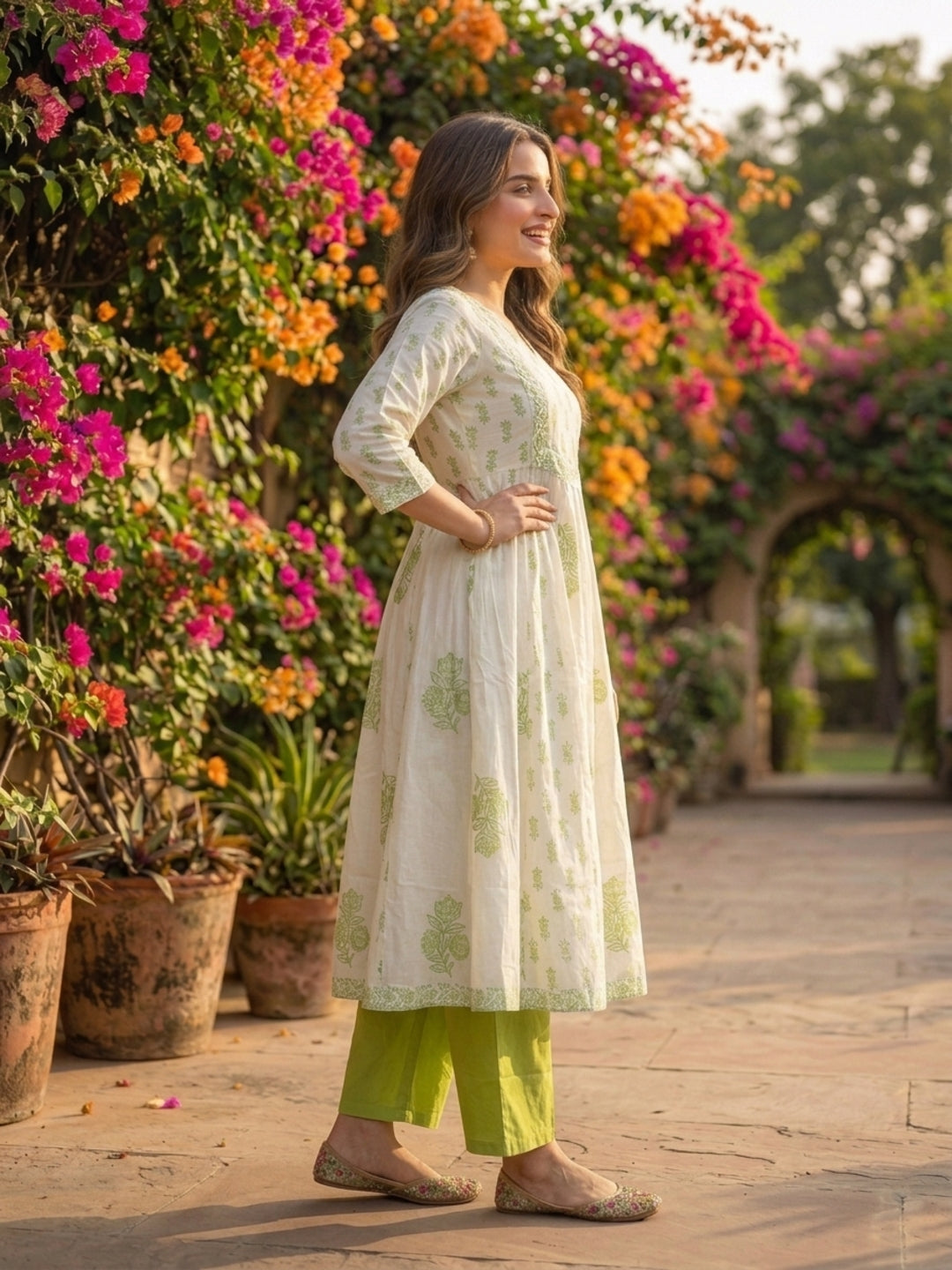 Green Ethnic Print Cotton Anarkali Kurta Set with Sequins, Palazzo & Dupatta