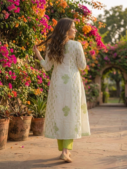Green Ethnic Print Cotton Anarkali Kurta Set with Sequins, Palazzo & Dupatta