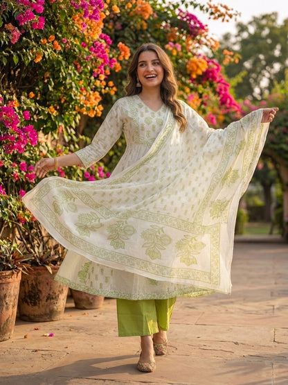 Green Ethnic Print Cotton Anarkali Kurta Set with Sequins, Palazzo & Dupatta