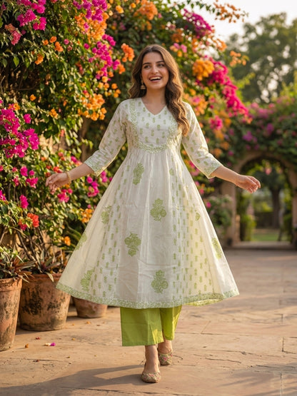 Green Ethnic Print Cotton Anarkali Kurta Set with Sequins, Palazzo & Dupatta
