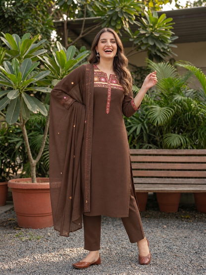 Coffee brown muslin silk kurta set, product photo 1