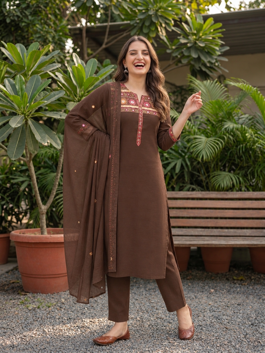 Coffee brown muslin silk kurta set, product photo 1