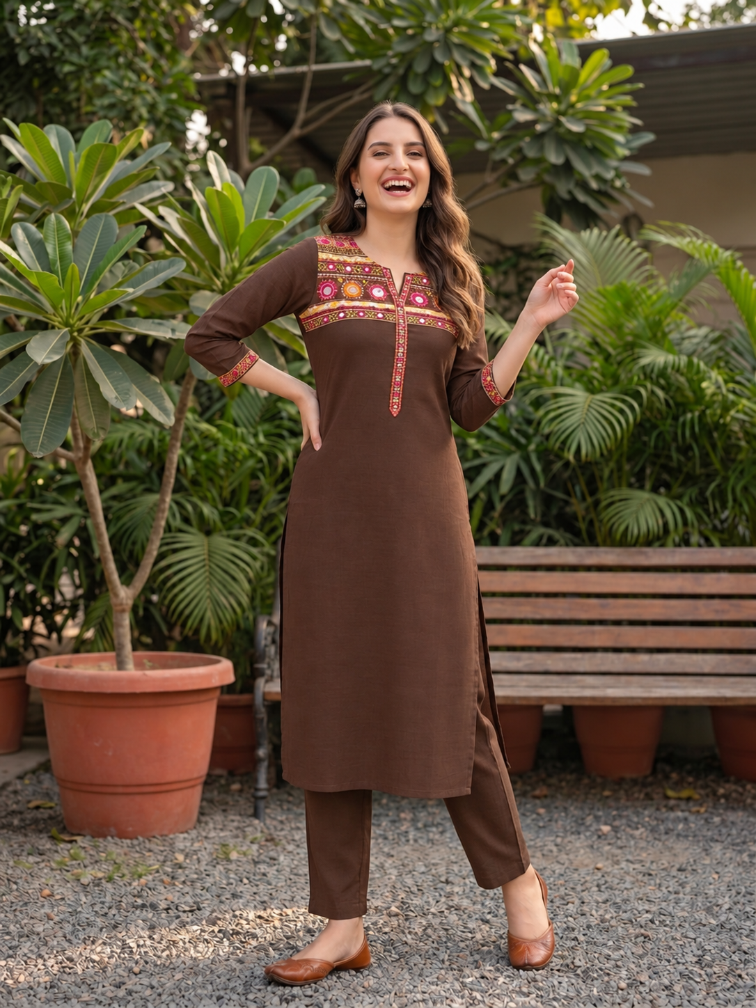 Coffee brown muslin silk kurta set, product photo 2