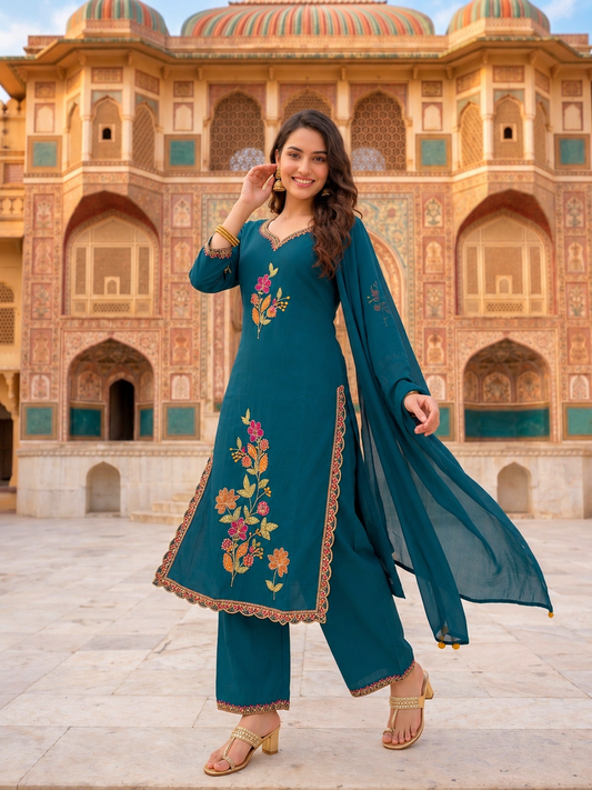 Teal Blue Solid Floral Embroidered Silk Blend Straight Kurta Set with Palazzo and Dupatta