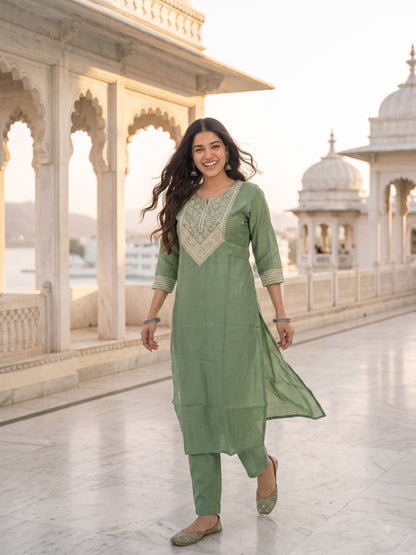 Sage Green Floral Embroidered Straight Kurta