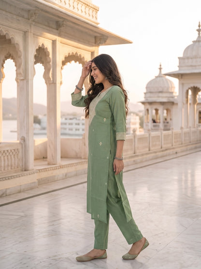 Sage Green Floral Embroidered Straight Kurta