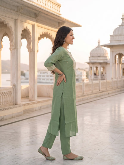 Sage Green Floral Embroidered Straight Kurta