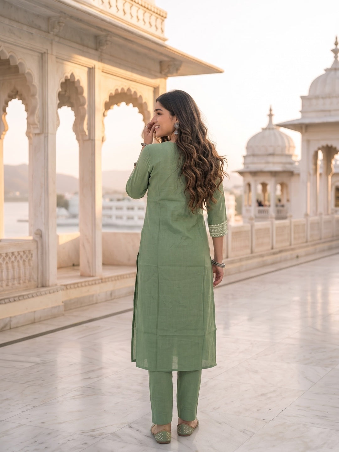 Sage Green Floral Embroidered Straight Kurta