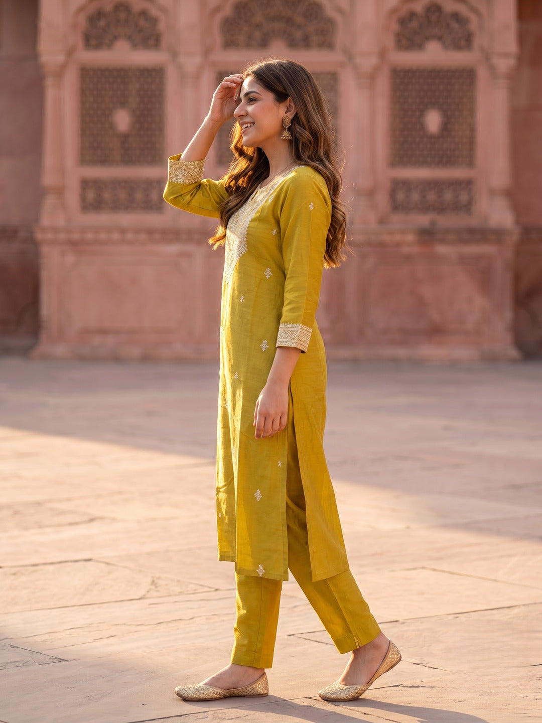 Mehndi Green Chanderi Silk Embroidered Straight Kurta