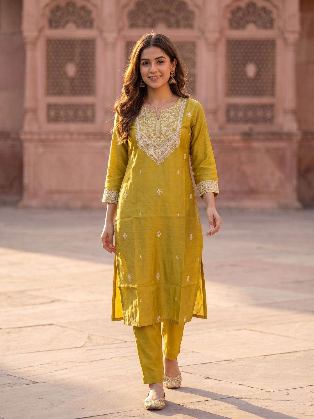 Mehndi Green Chanderi Silk Embroidered Straight Kurta